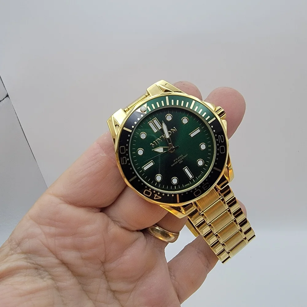 Miykon Gold Tone Green Dial Dive 44mm Watch 30M Water Resistant Seiko Movement
